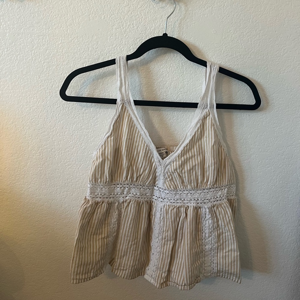 American Eagle Cream Striped Lace Babydoll Tank Top
